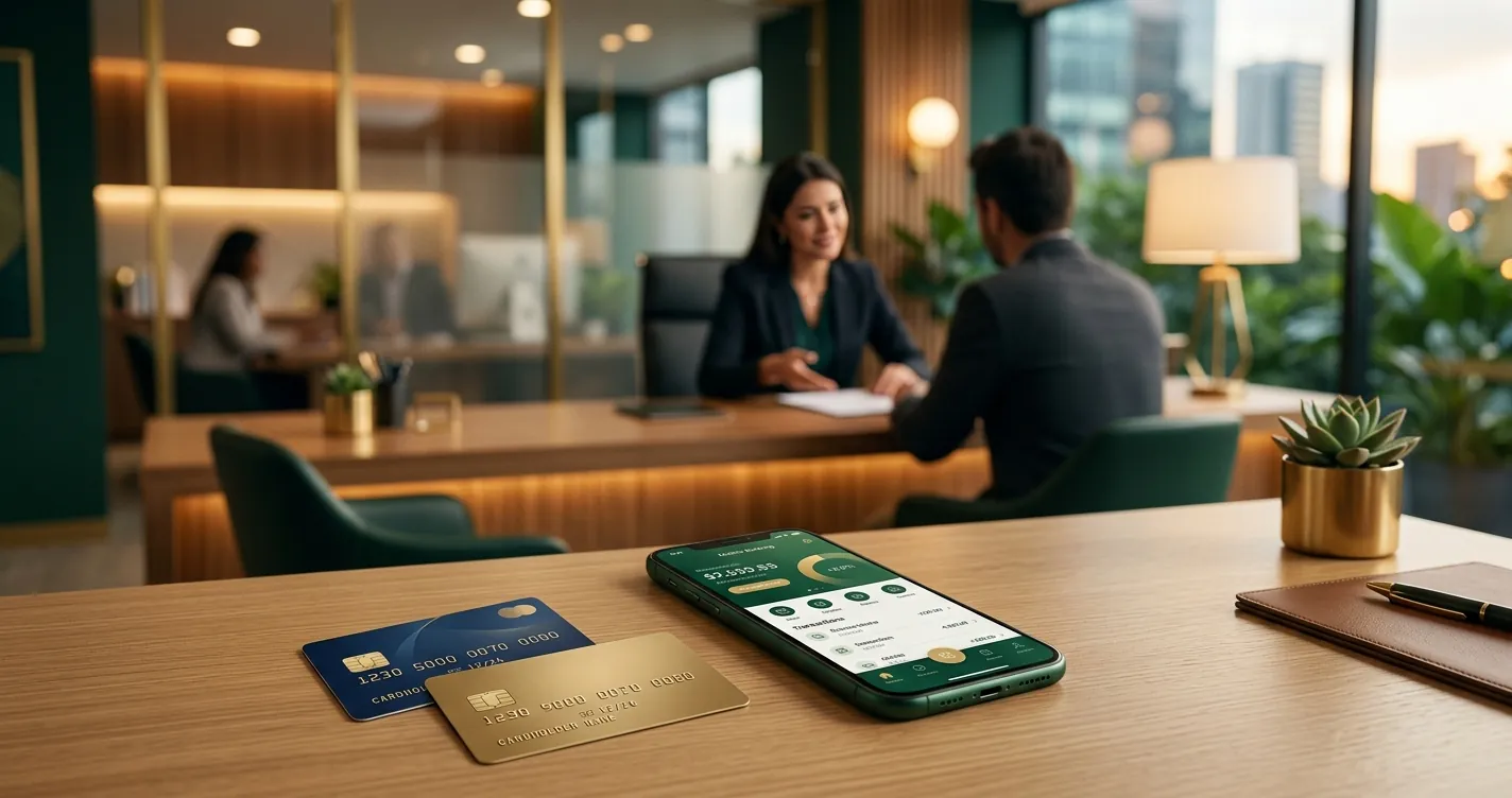 Teléfono Banco de Bogotá - Smartphone y tarjetas bancarias representando atención al cliente Servilínea en la capital colombiana