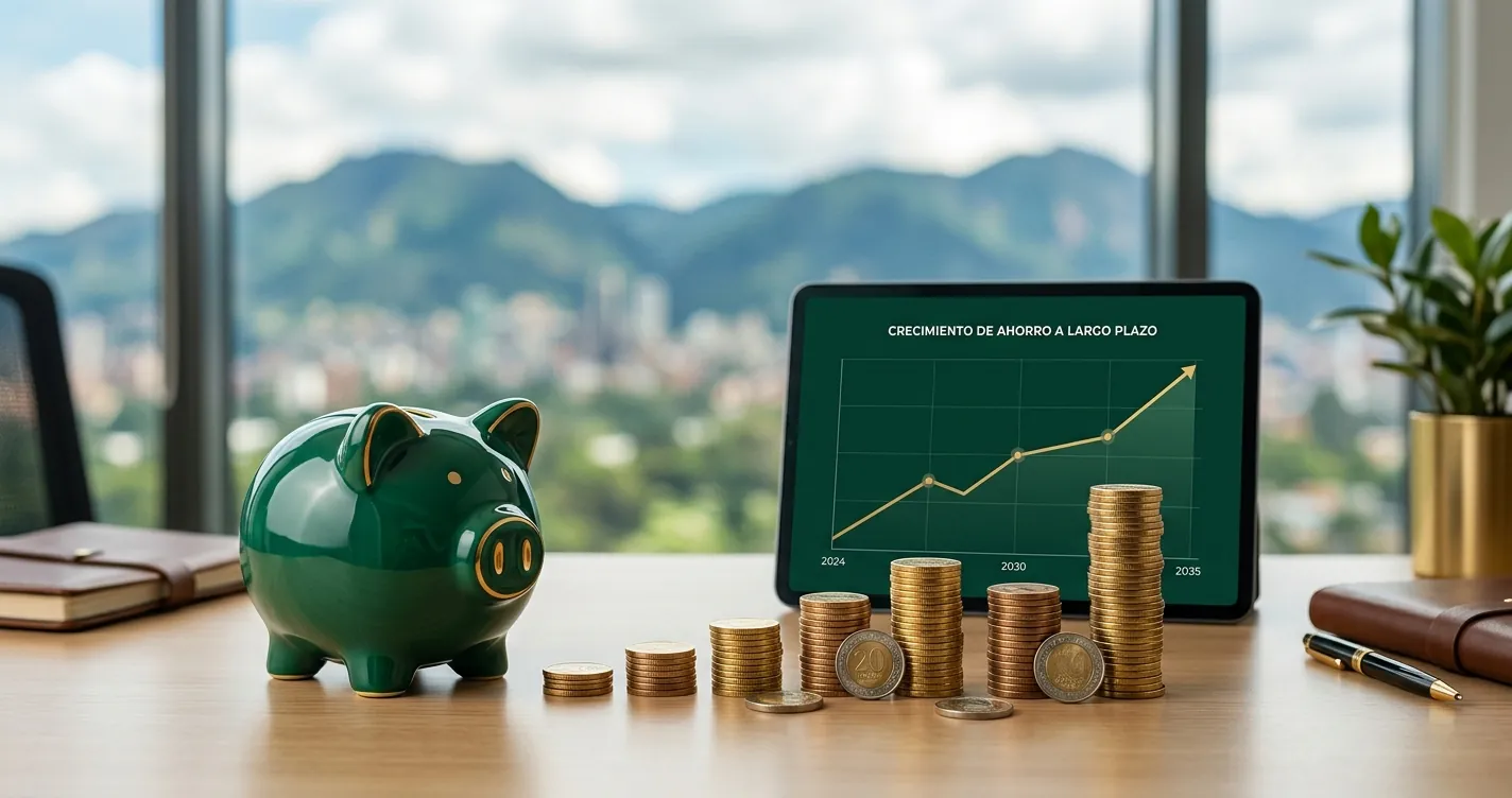 Pensión voluntaria en Bogotá: ahorro de largo plazo con monedas y gráfico de crecimiento de inversión