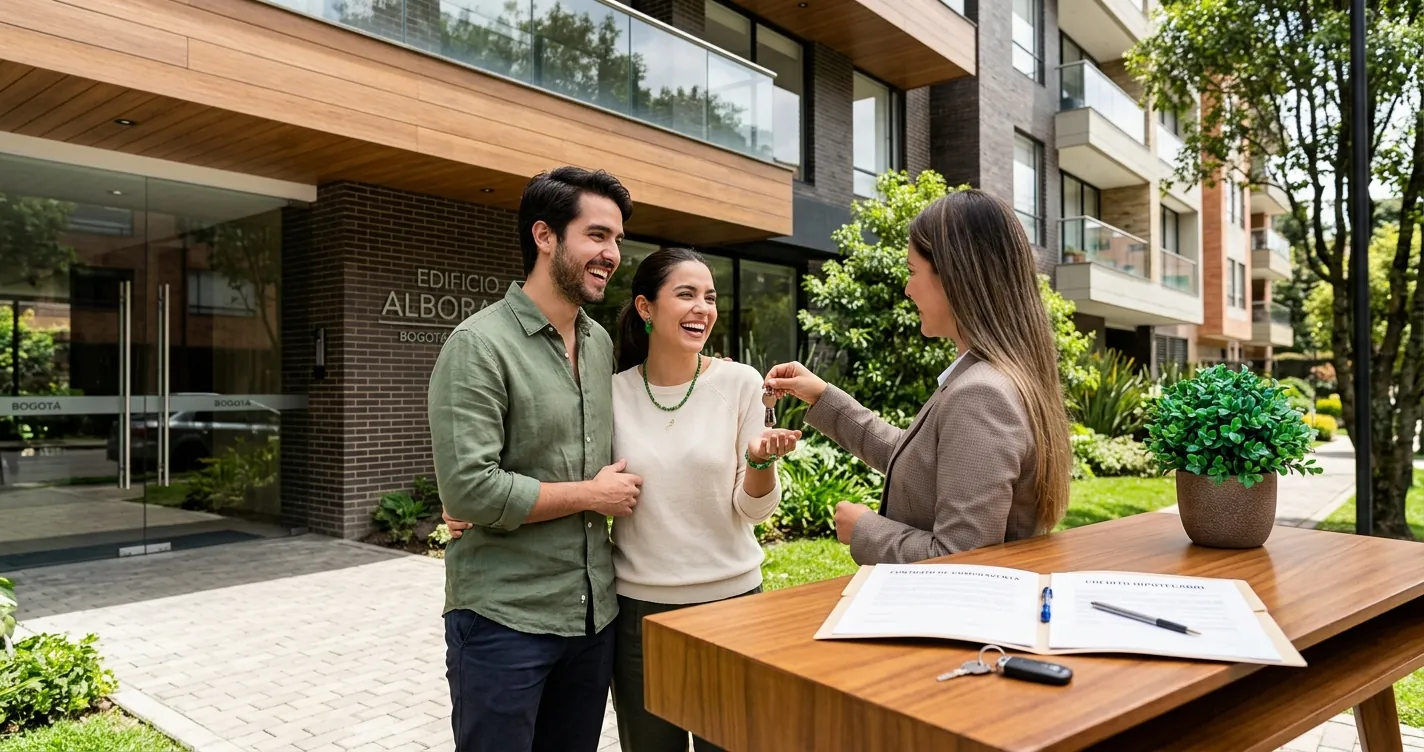 Crédito hipotecario en Bogotá - pareja adquiriendo vivienda nueva con financiación bancaria