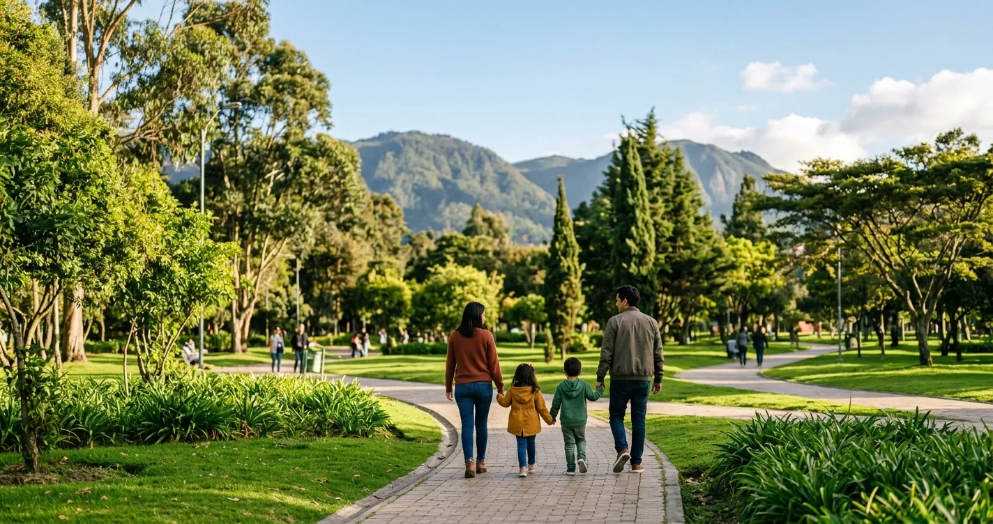 Actividades para hacer en familia en Bogotá: familia disfrutando de un parque urbano rodeado de zonas verdes