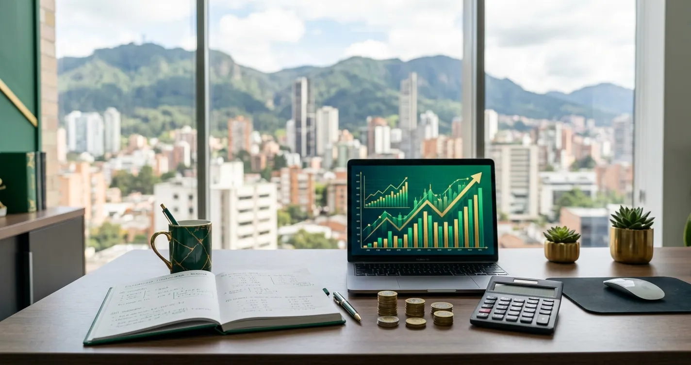 Fondos de inversión colectiva en Bogotá: escritorio con gráficos de rentabilidad de FIC y calculadora