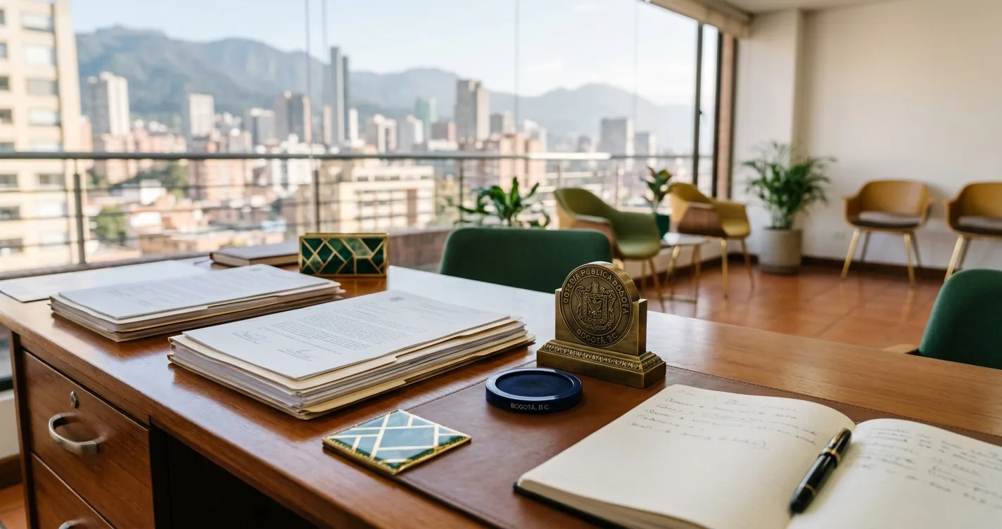 Notarías que trabajan los sábados en Bogotá: mostrador notarial con sello y documentos listos para autenticación