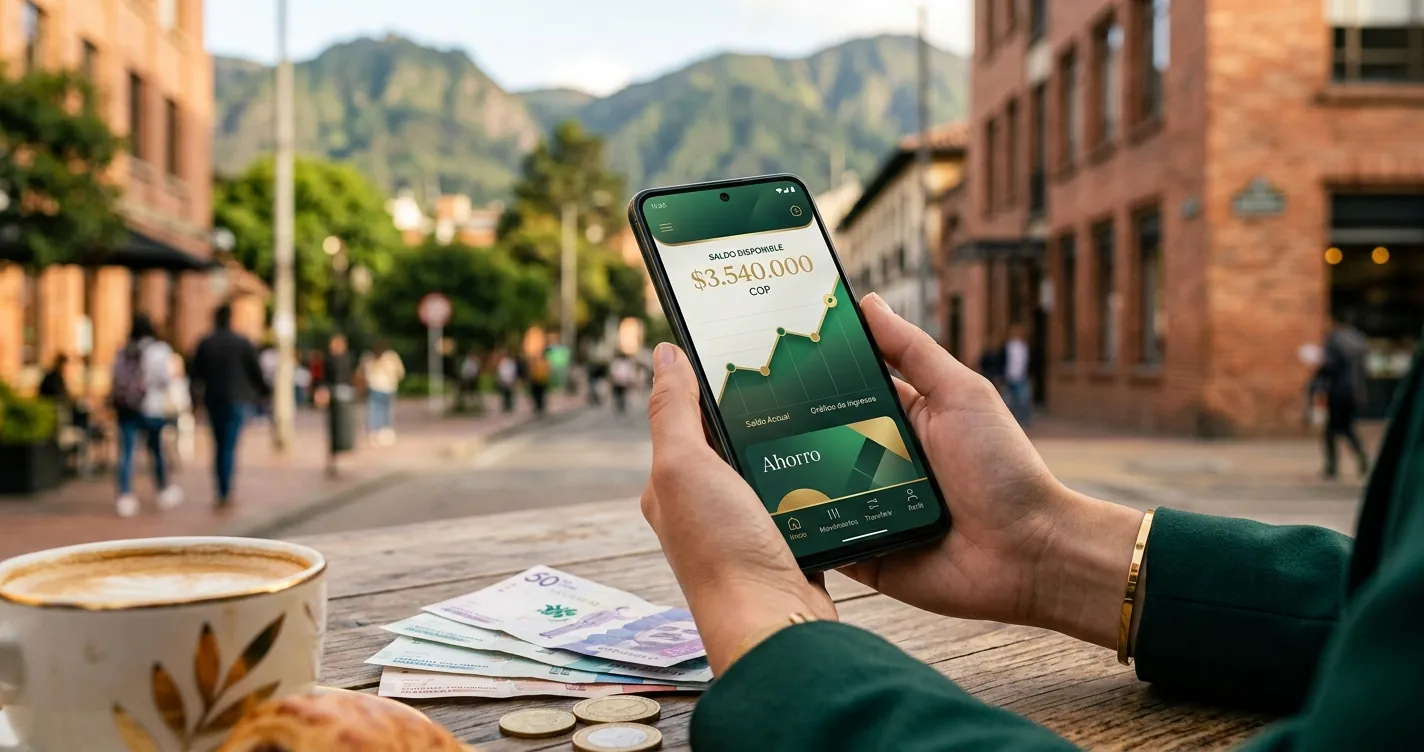Cuenta de ahorros digital en Bogotá: celular con app bancaria y billetes colombianos