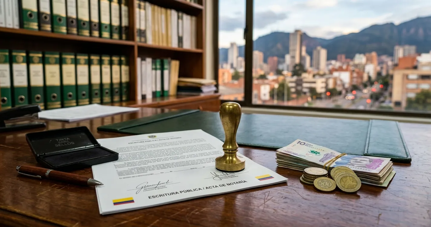 Cuánto cuesta la autenticación de un documento en Bogotá: sello notarial sobre documento en escritorio de notaría
