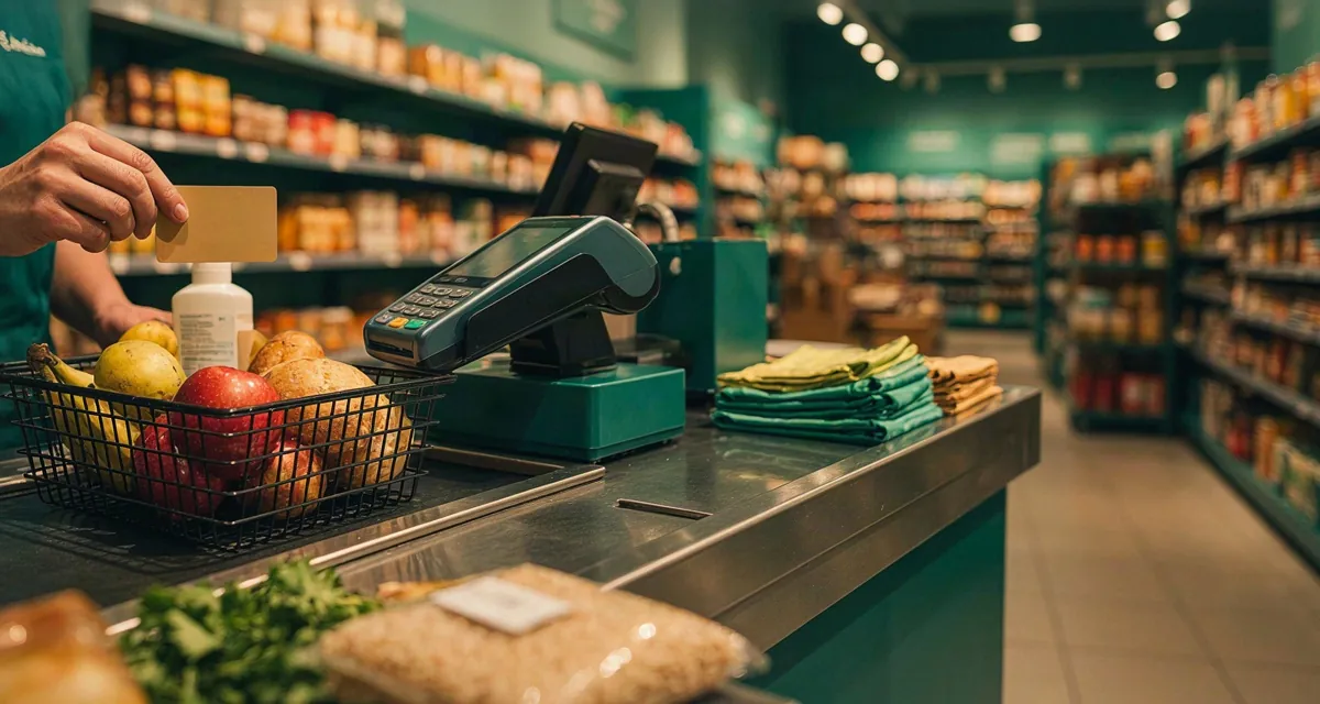 Bonos Sodexo Bogota 2026: persona pagando el mercado en la caja de un supermercado de Bogotá con su tarjeta de alimentación