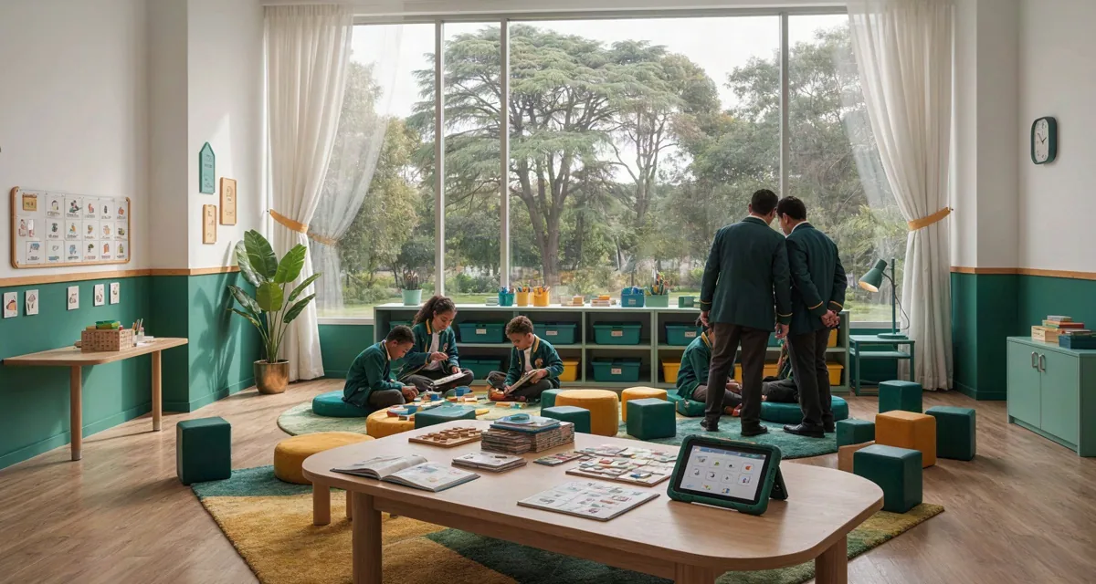 Colegios distritales ninos especiales bogota 2026: aula de apoyo pedagógico con docente especializado en un colegio oficial de Bogotá
