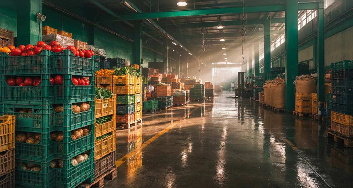 Corabastos Bogota horarios 2026: bodegas de frutas y verduras con canastillas en la central mayorista de la Avenida Carrera 80, Bogotá