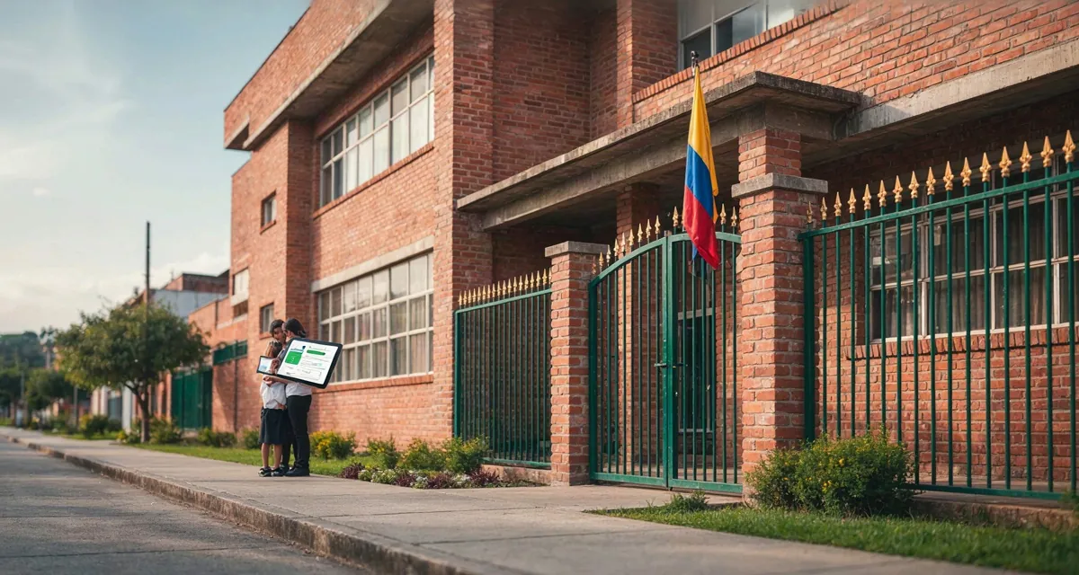 Traslado colegio bogota 2026: acudiente diligenciando la solicitud de la SED en el portal de matrículas frente a un colegio oficial de Bogotá