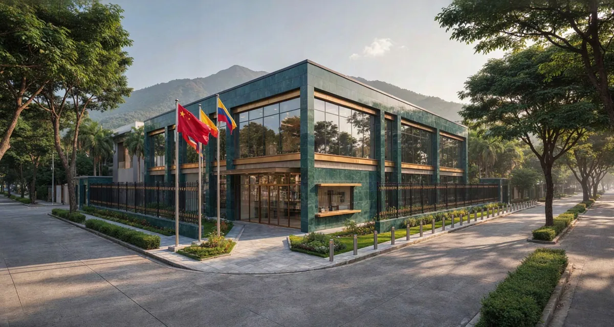 Embajada china bogota 2026: fachada de la sede consular en la Calle 72 con banderas institucionales y acceso peatonal en el sector nororiental de Bogotá