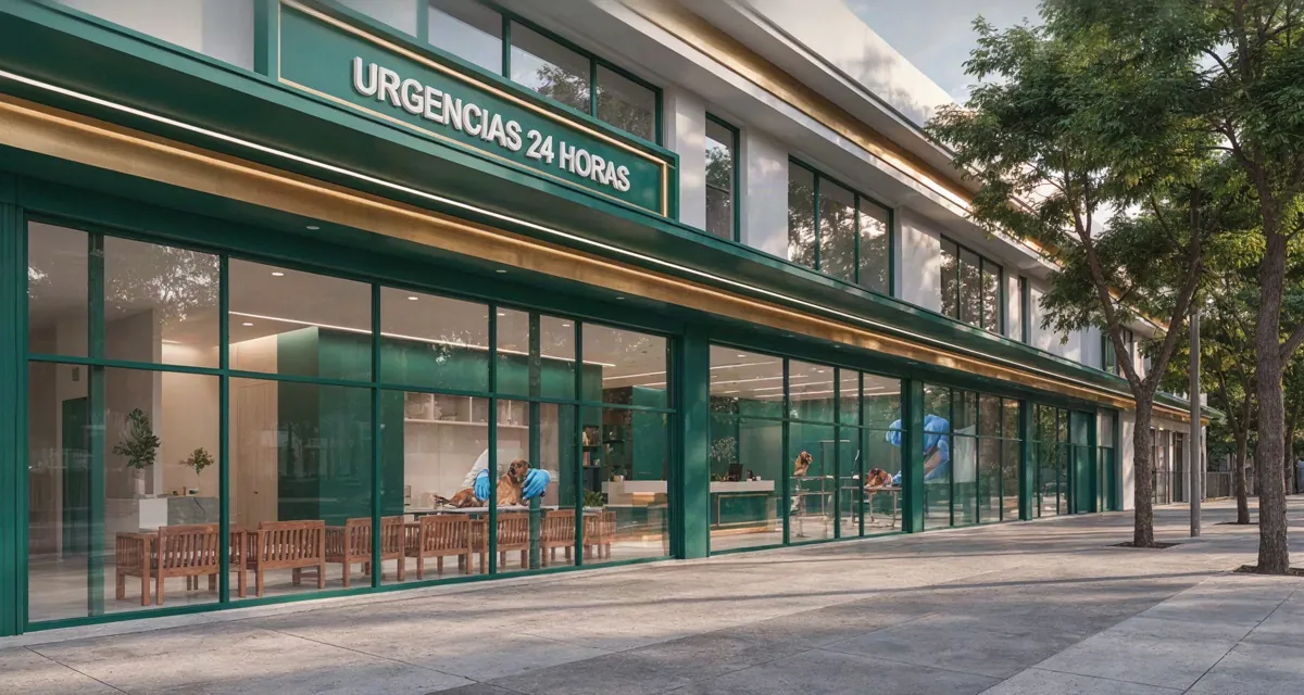 Clinicas veterinarias bogota 2026: fachada de una clínica veterinaria con urgencias 24 horas en Bogotá y sala de espera para perros y gatos