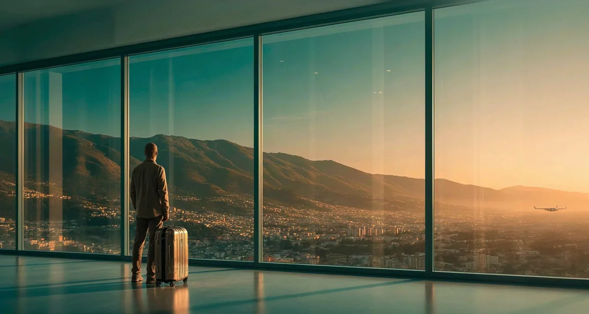 Lugares turisticos cerca aeropuerto bogota 2026: viajero con equipaje de mano frente a la ventana del aeropuerto El Dorado con la ciudad y los cerros de Bogotá al fondo